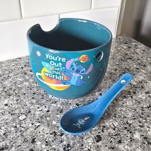 Disney Lilo And Stitch Ceramic Ramen Bowl With Spoon Blue No Chopsticks 18 oz.